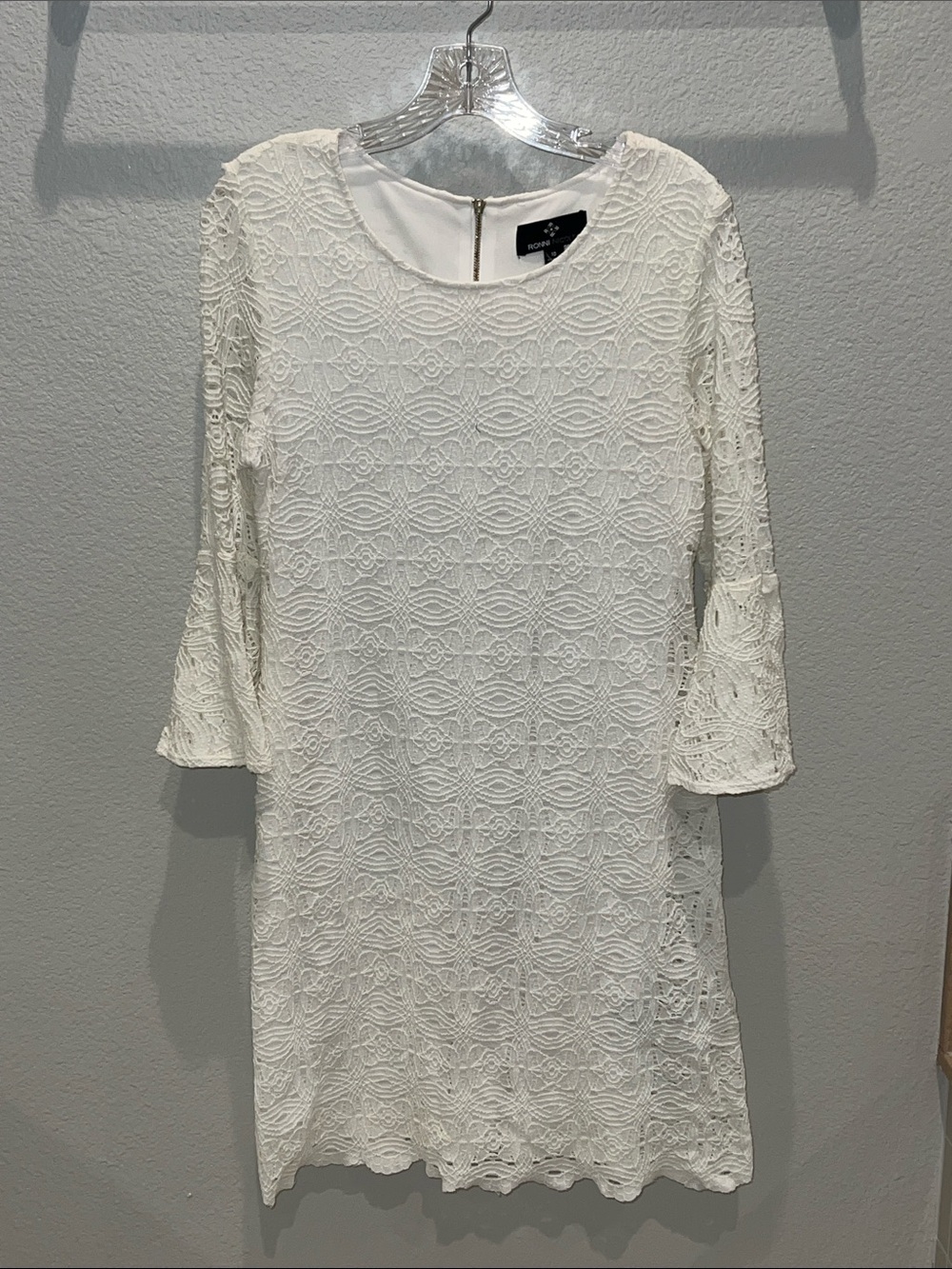 Ronni Nicole White Lace Shift Dress with Flared Sleeves